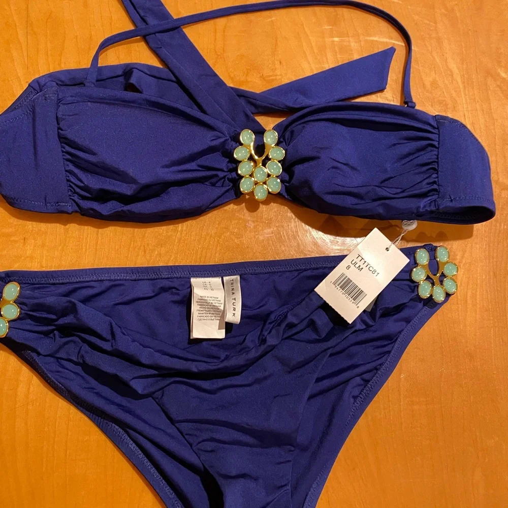 Women Navy Blue Two-Piece Swim Set with Jewel Accents